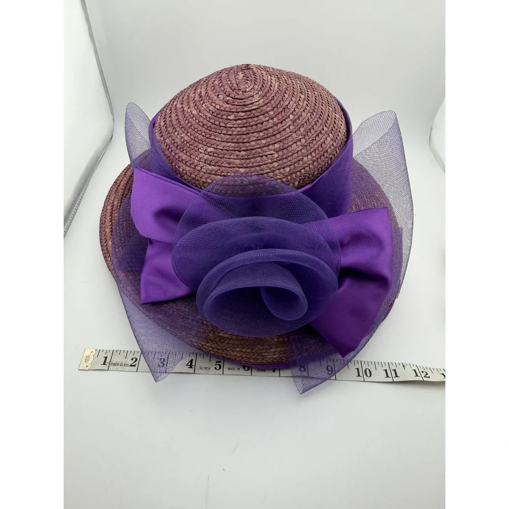 Vintage Purple Straw Cloche Hat Satin Bow Tulle Flower‎ Tea Party Church Wedding
